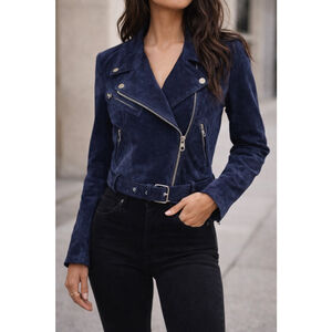 VIGOSS Cropped Navy Blue Suede Leather Moto Biker Military Jacket Size Small